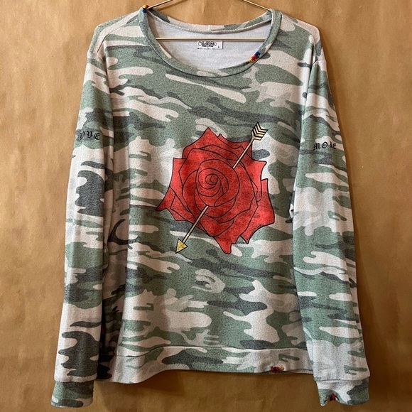 Lauren Moshi | Simone Love More Rose Camo Crew Neck Pullover Sweatshirt Size L - Picture 1 of 11
